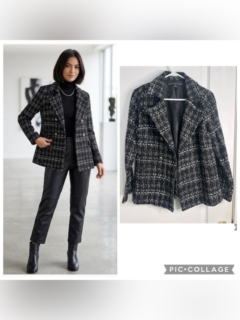 HYFVE HYFVE HYFVE Black & White Tweed Double Breasted Jacket blazer  size M